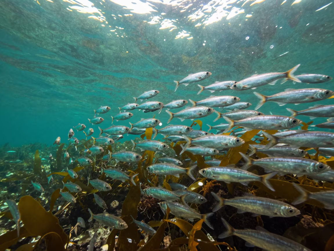 Silver Sardine School in Thai Kelp Waters in along a kelp-fringed shelf in Thailand