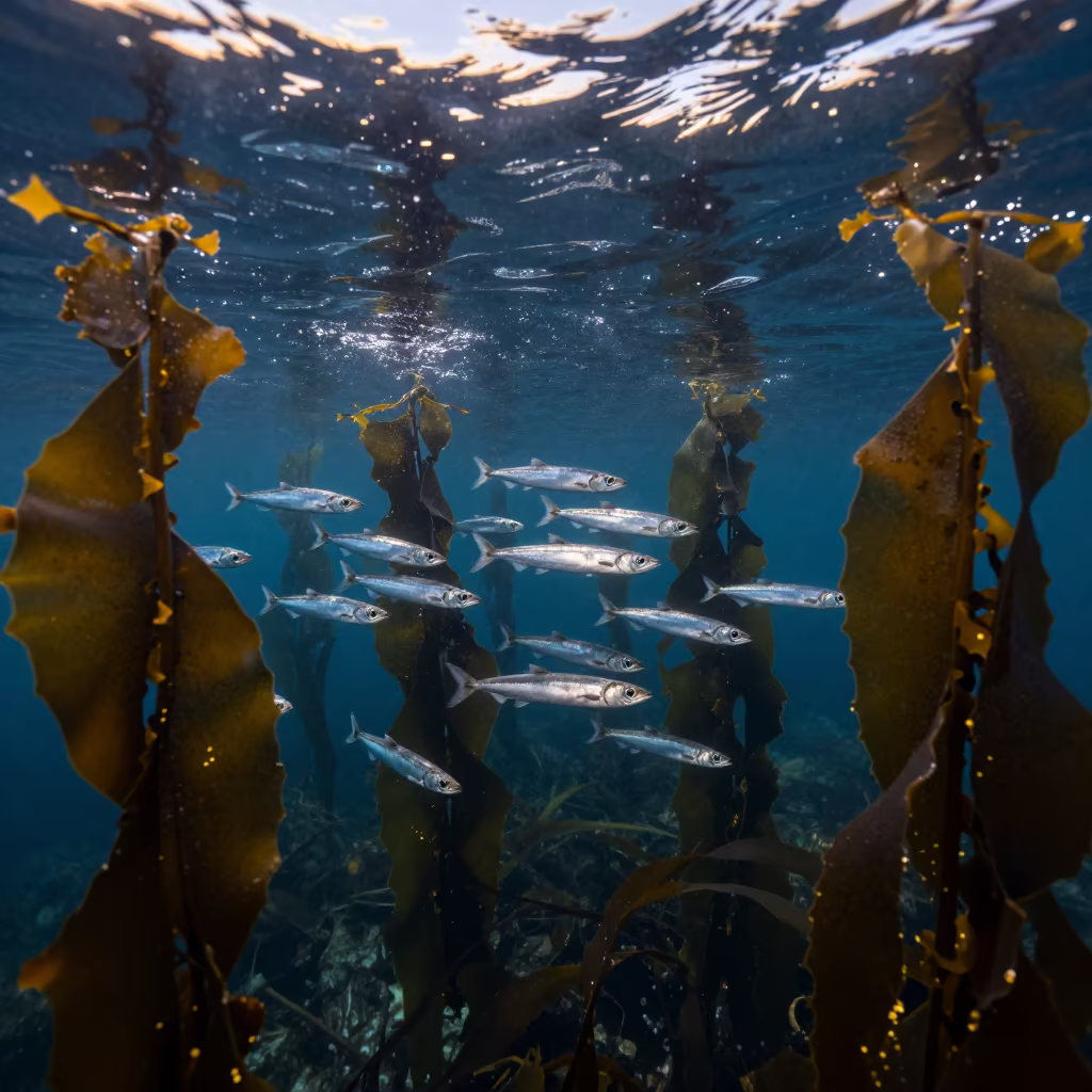 Silver Sardines Flashing Through Norwegian Kelp in through a forest of kelp fronds in Norway