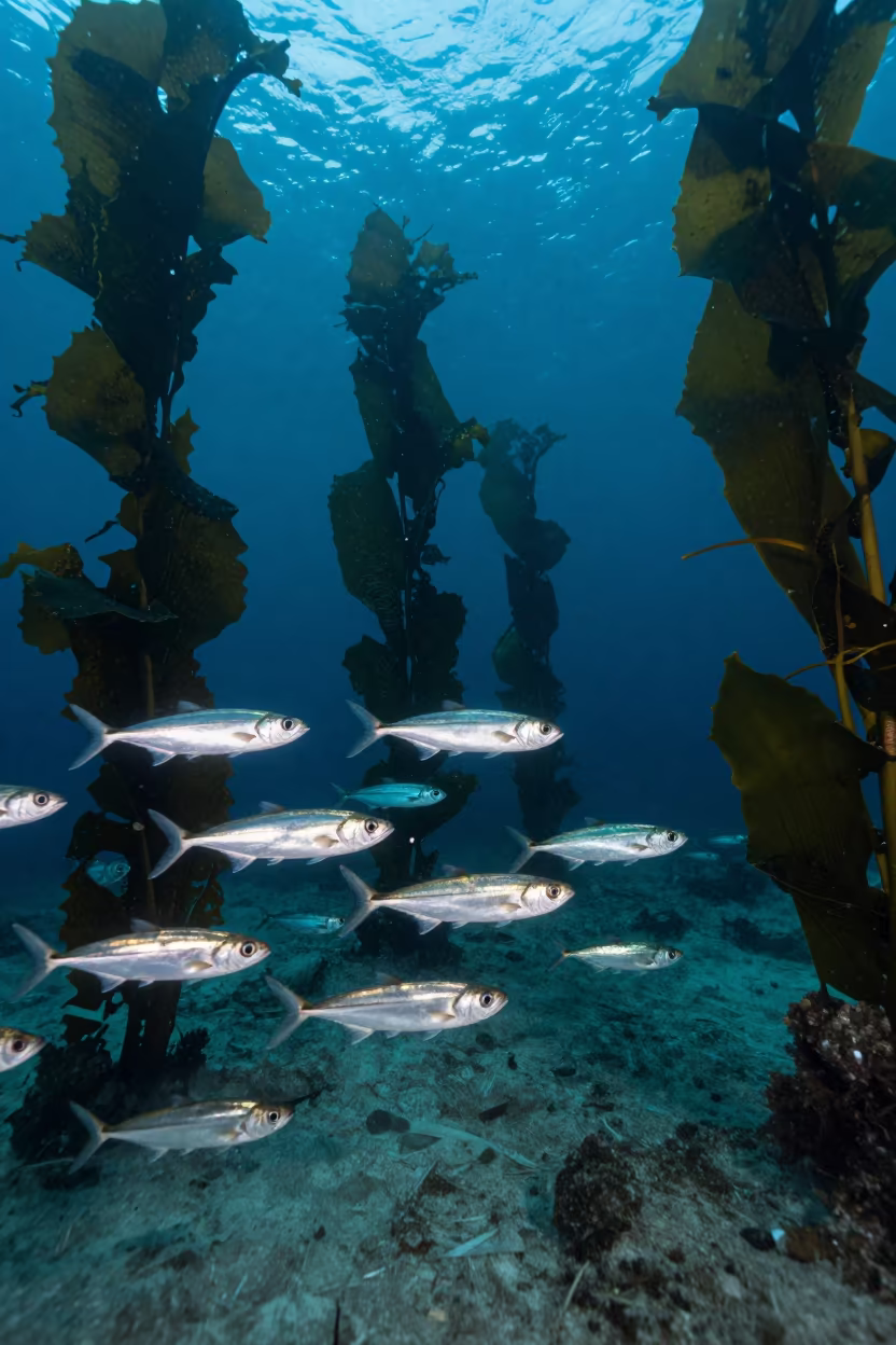 Silver Sardines Flashing in Kelp Forest Before Dawn in through a forest of kelp fronds near Busan