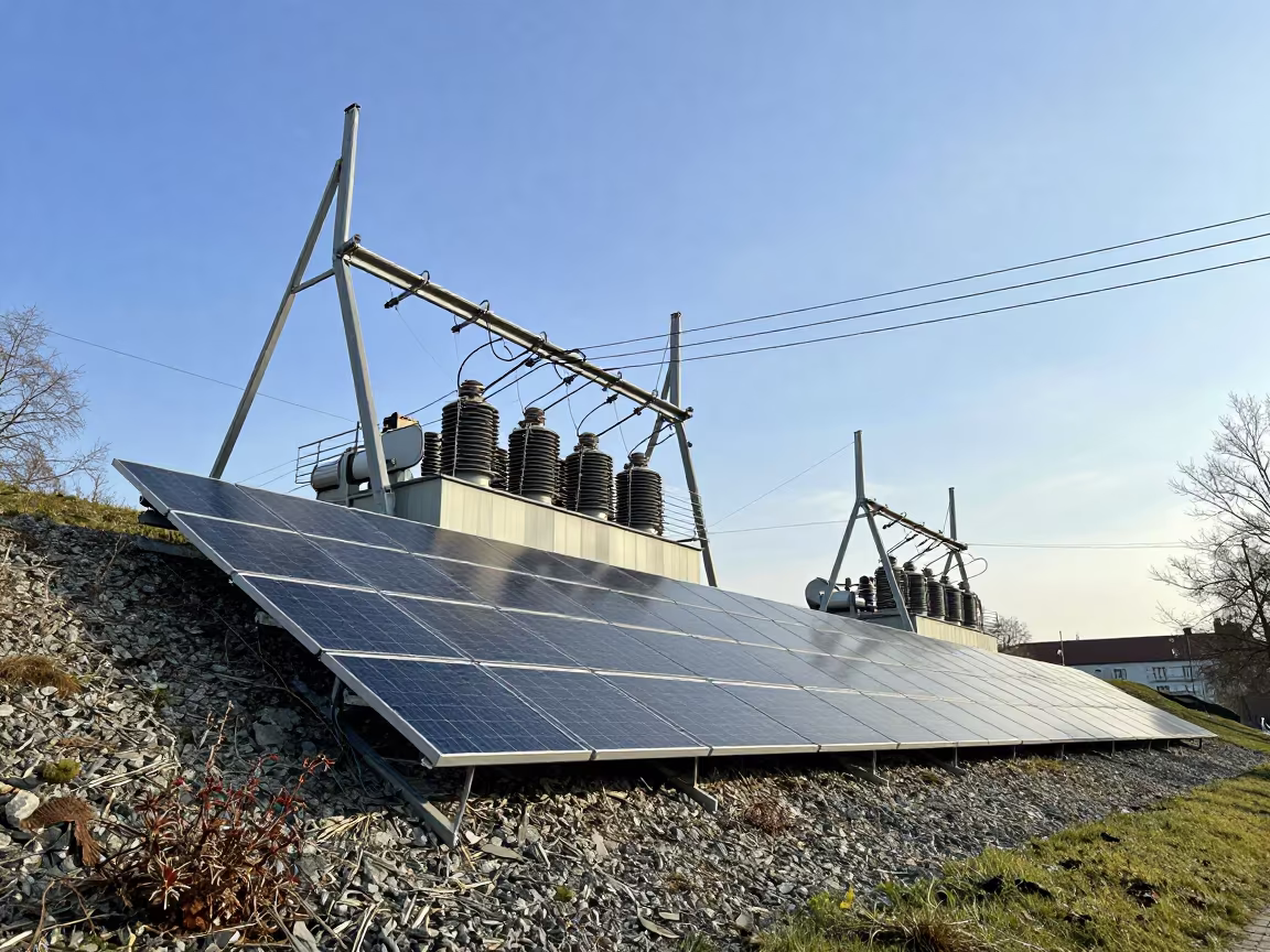 Silver Solar Array on Berlin Overpass in across a windy overpass interchange in Prenzlauer Berg, Berlin