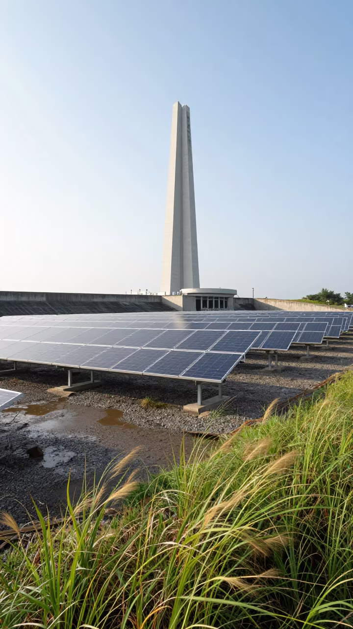 Silver Solar Array on Cebu Dam Gravel in along a dam spillway near Cebu