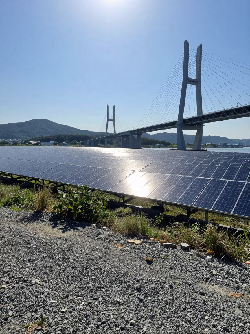 Silver Solar Array Under Incheon Bridge Span in under a cable-stayed bridge span near Incheon