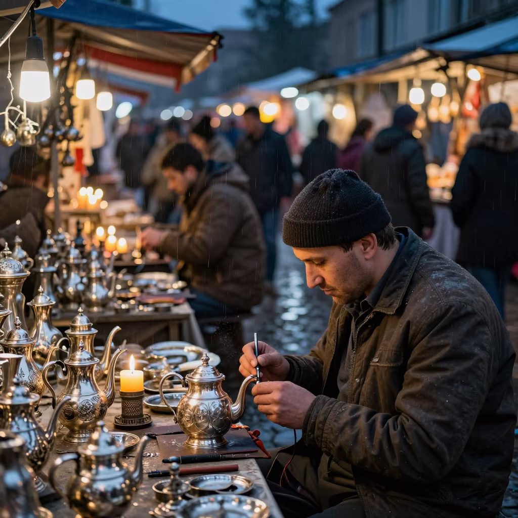 Silver Teapot Engraving in Aktobe Night Bazaar in in a flea market lane in Aktobe