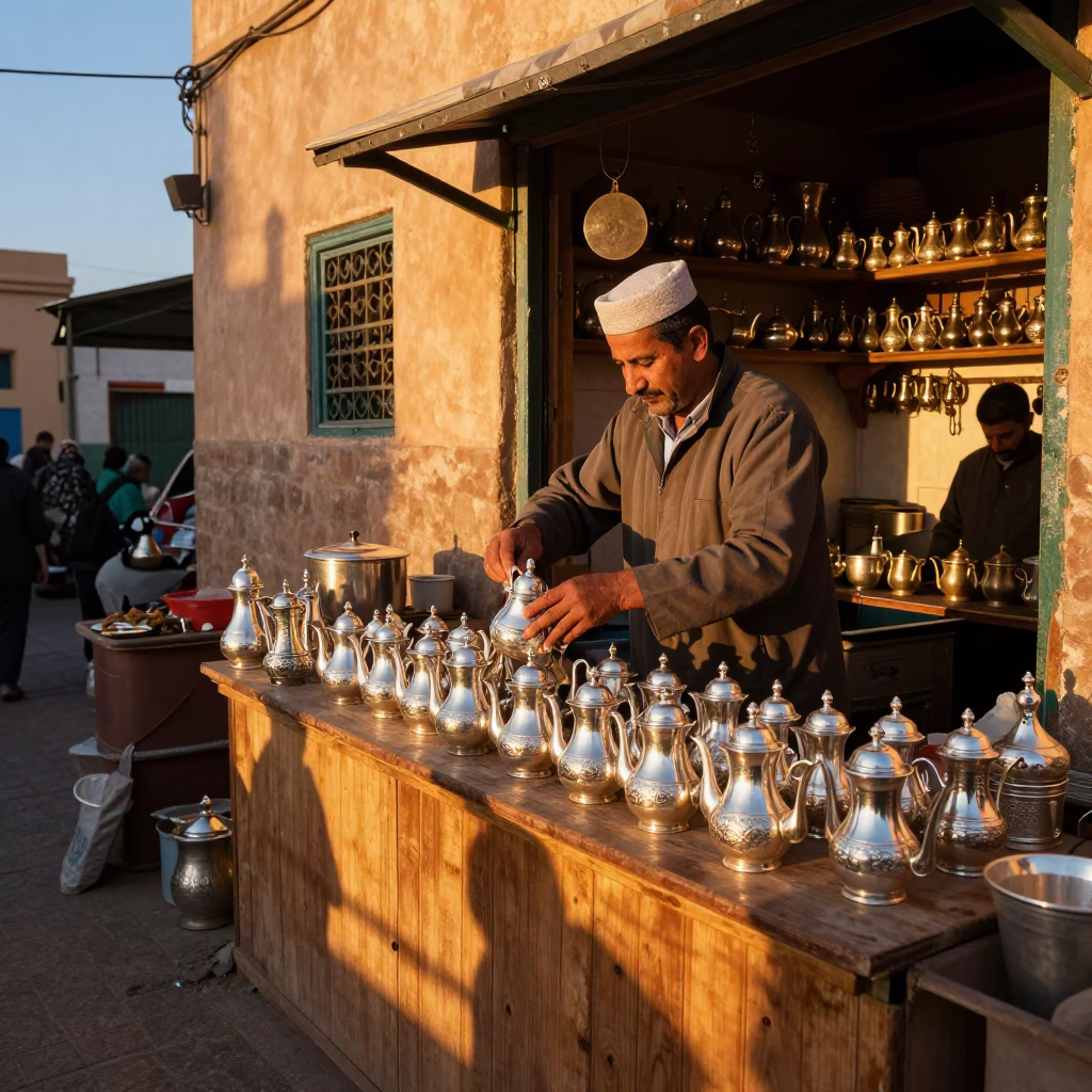 Silver Teapots in Essaouira in in Essaouira, Morocco