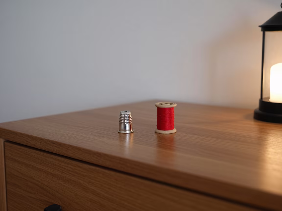 Silver Thimble and Red Thread on Hotel Dresser in on a hotel dresser near Oradea