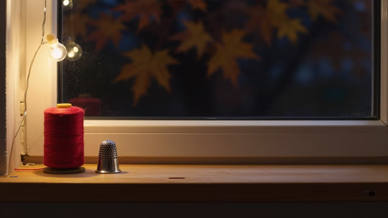 Silver Thimble Red Thread Night Shelf in on a workshop shelf near Thessaloniki