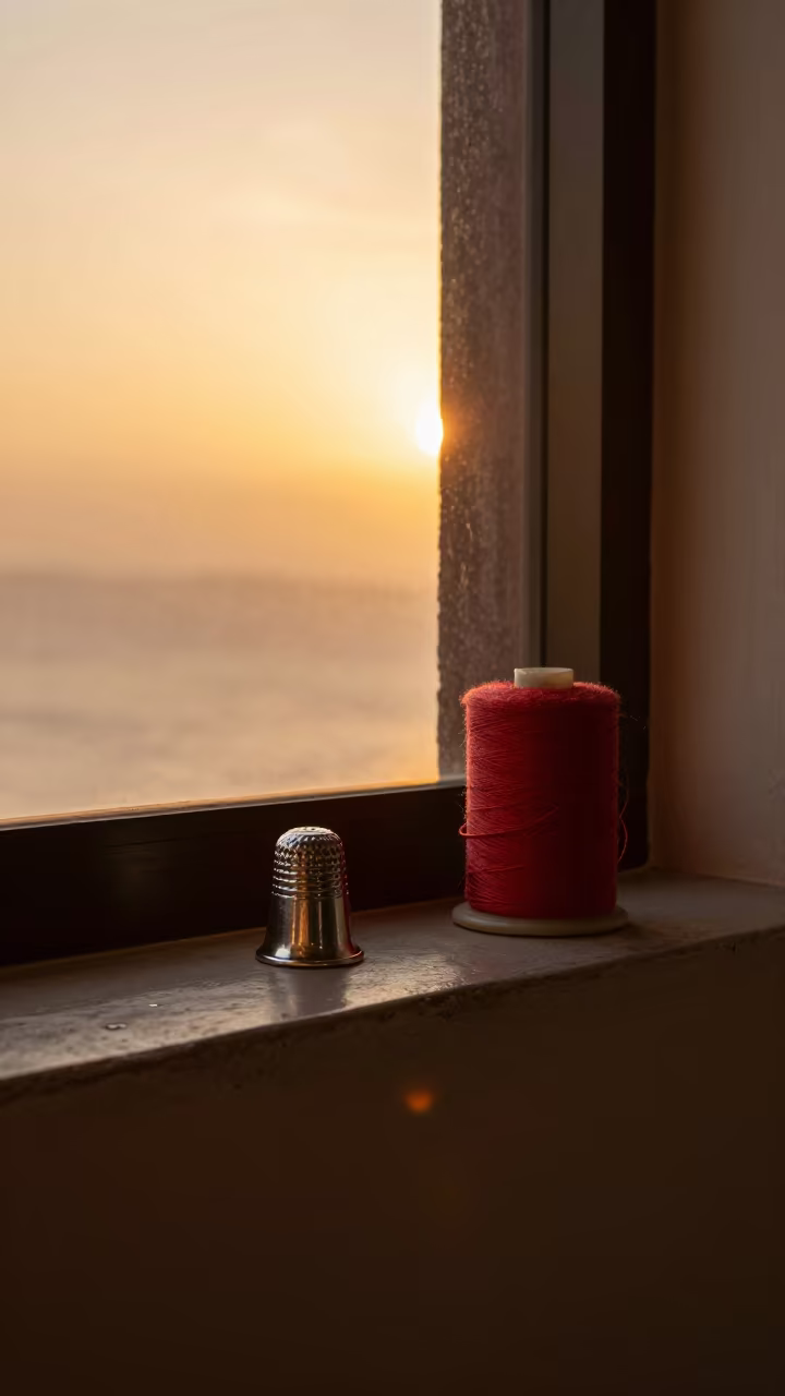 Silver Thimble Red Thread Sunset Cali in on a painted display ledge in Cali