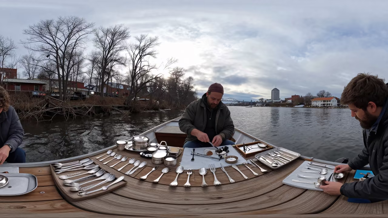 Silver Vendor Polishing Wares at Nashville Floating Market in at a floating market boat in Marathon Village, Nashville