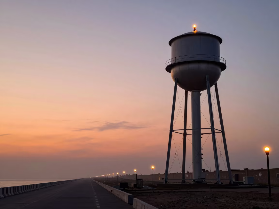 Silver Water Tower at Dusk Near Ismailia Barrier in beside a storm surge barrier near Ismailia