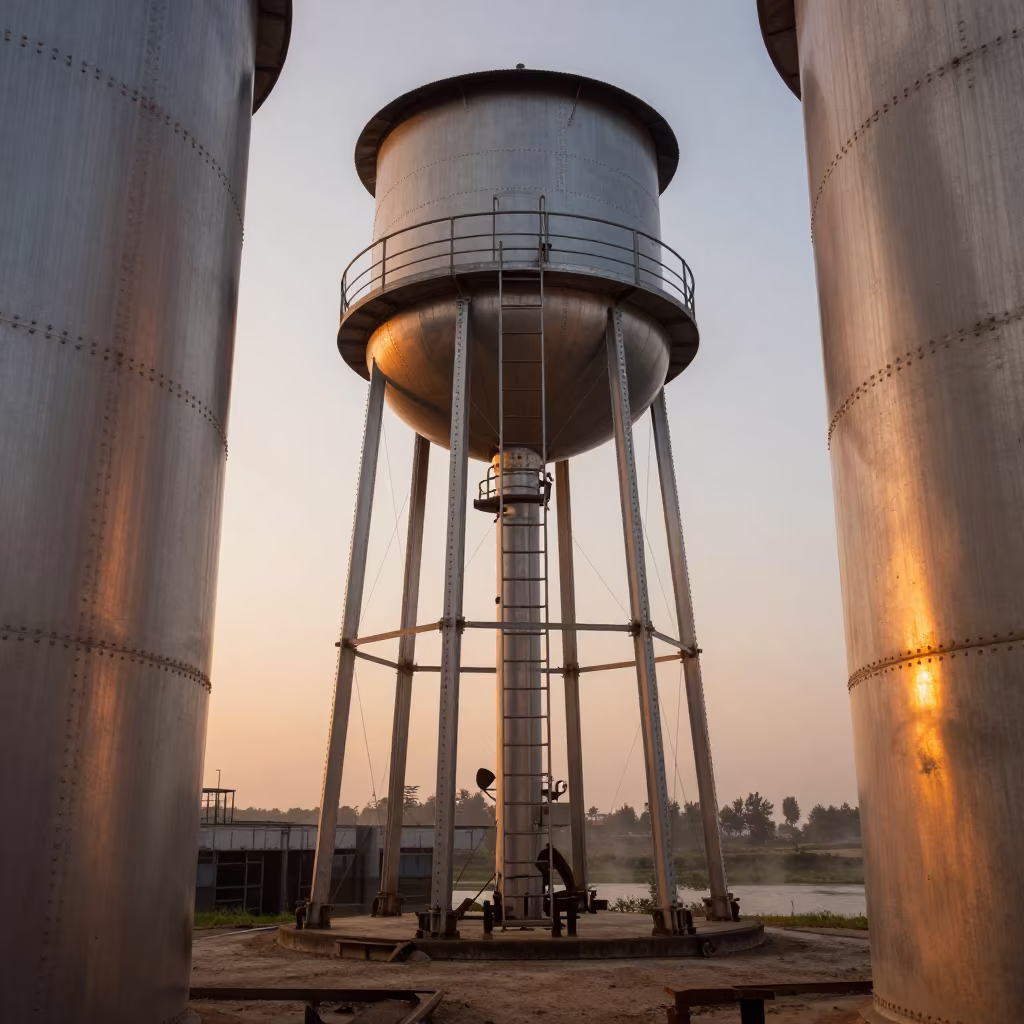Silver Water Tower Ladder at Sunset in Douma in at a canal lock chamber in Douma