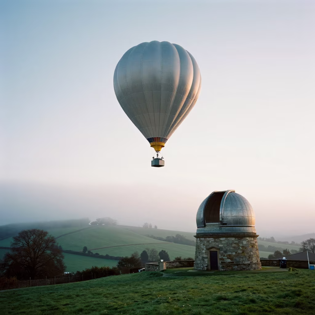 Silver Weather Balloon Dawn Cotswolds Observatory in beside an observatory dome in the Cotswolds