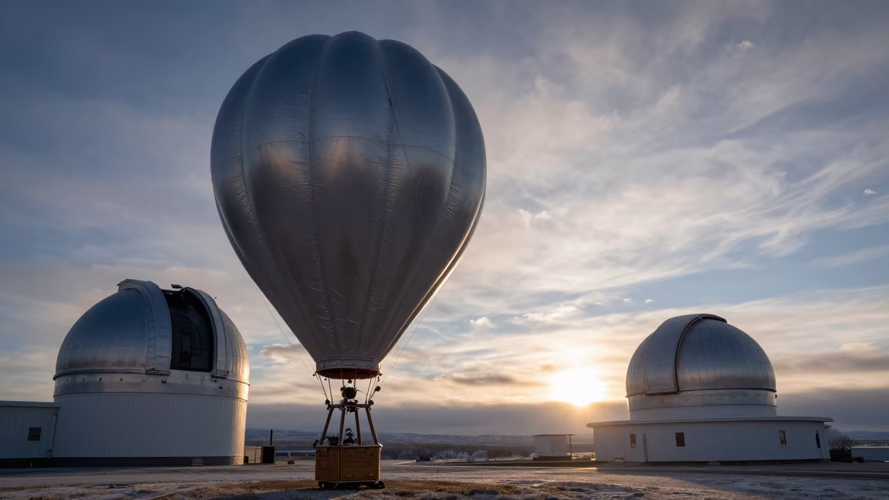 Silver Weather Balloon at Dawn Observatory in beside an observatory dome near Salt Lake City