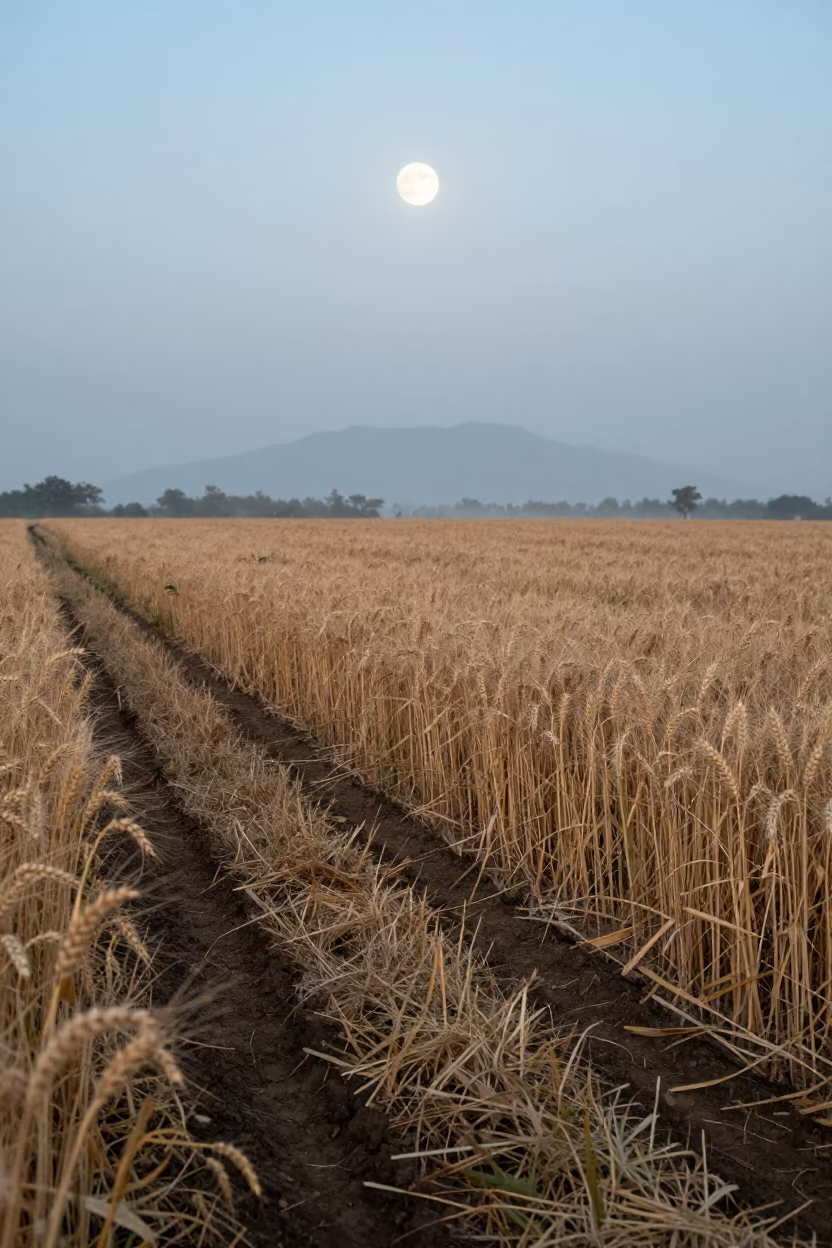 Silver Wheat Field Moonrise Tractor Track Gujarat in beside a tractor track through dark soil in Gujarat