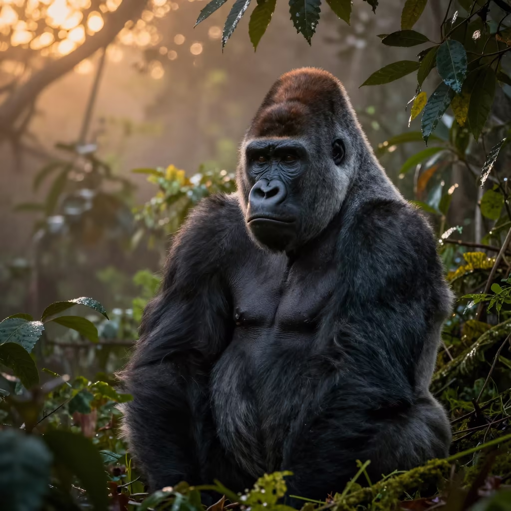 Silverback Gorilla in Misty Sunset Foliage in near Castilla