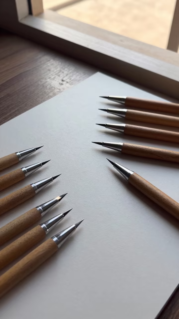 Silverpoint Styluses on Display Ledge Freetown in on a painted display ledge near Freetown