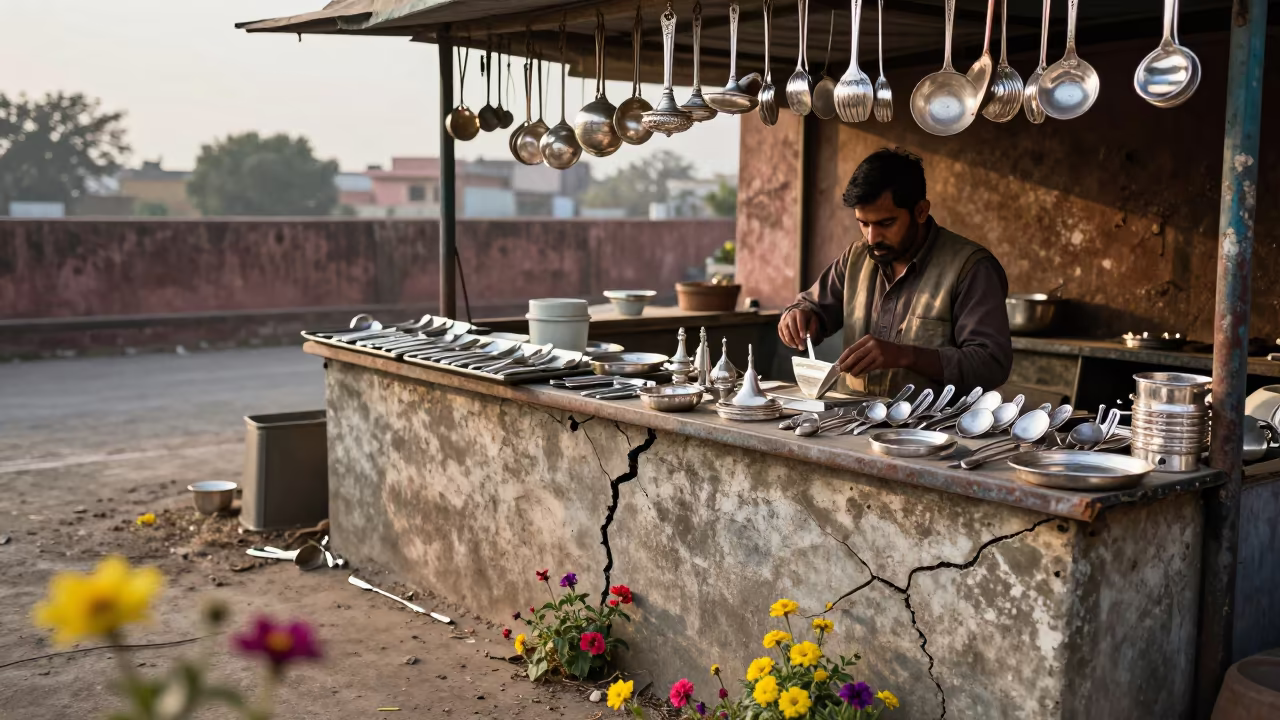 Silverware Vendor Polishing Flowers at Jaipur Market in at a textile trader's stall in Pink City, Jaipur
