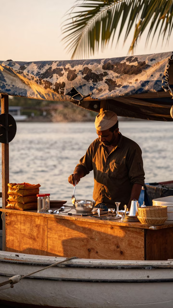Silverware Vendor Polishing at Golden Hour in at a floating market boat in Al Ain
