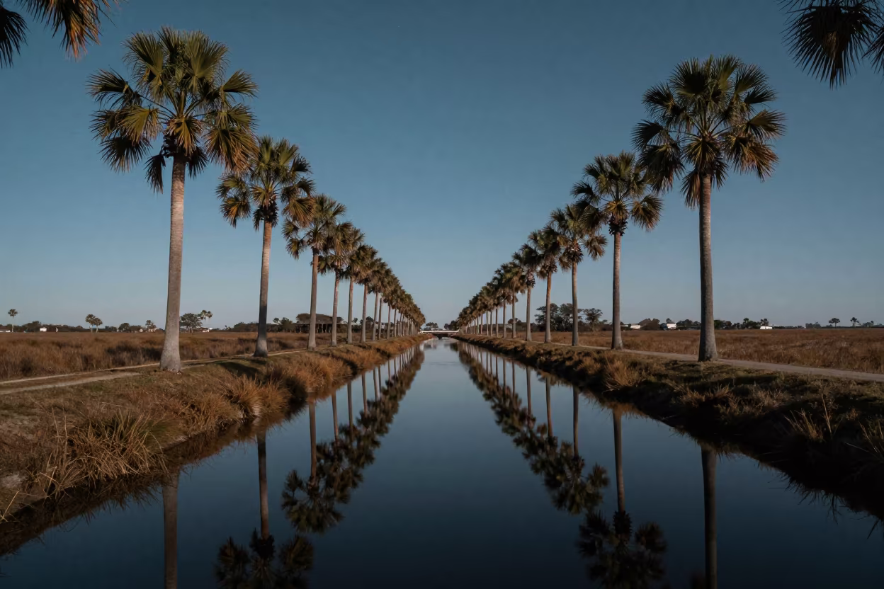 Silvery Autumn Canal Reflected Palms Florida Night in in Florida