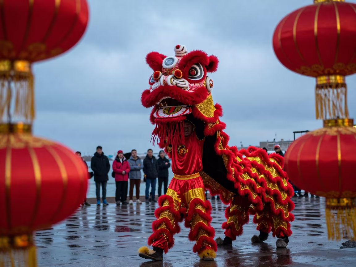 Silvery Dawn Lion Dance Salalah Waterfront in at a waterfront celebration in Salalah