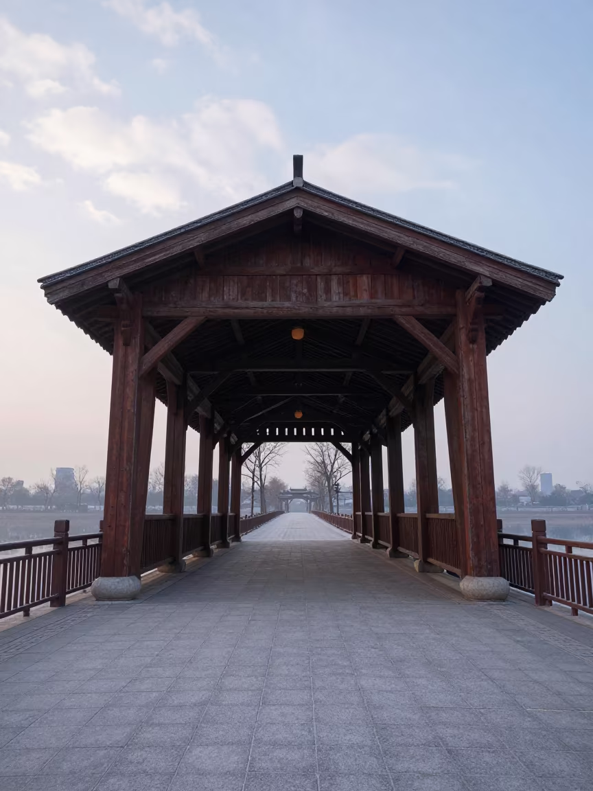 Silvery Dawn Wooden Bridge Over Wuhan Plaza in across a formal civic plaza near Wuhan
