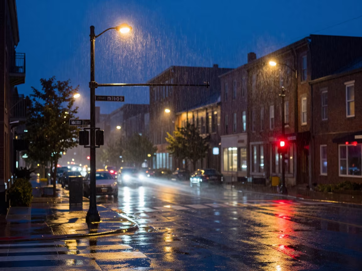 Silvery Drizzle Softens Connecticut City Lights in in Connecticut