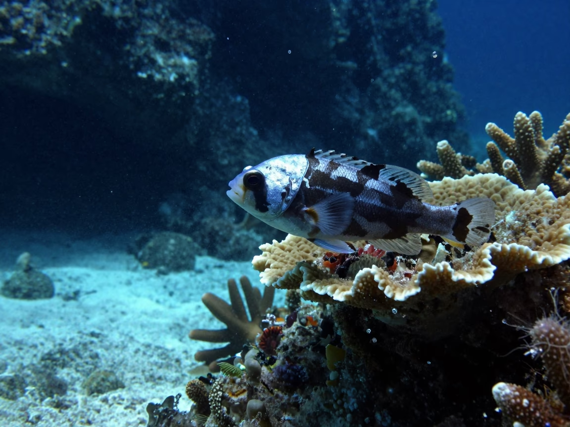 Silvery Goby Silhouette on Brain Coral in beside a reef crevice under clear water near Zanzibar