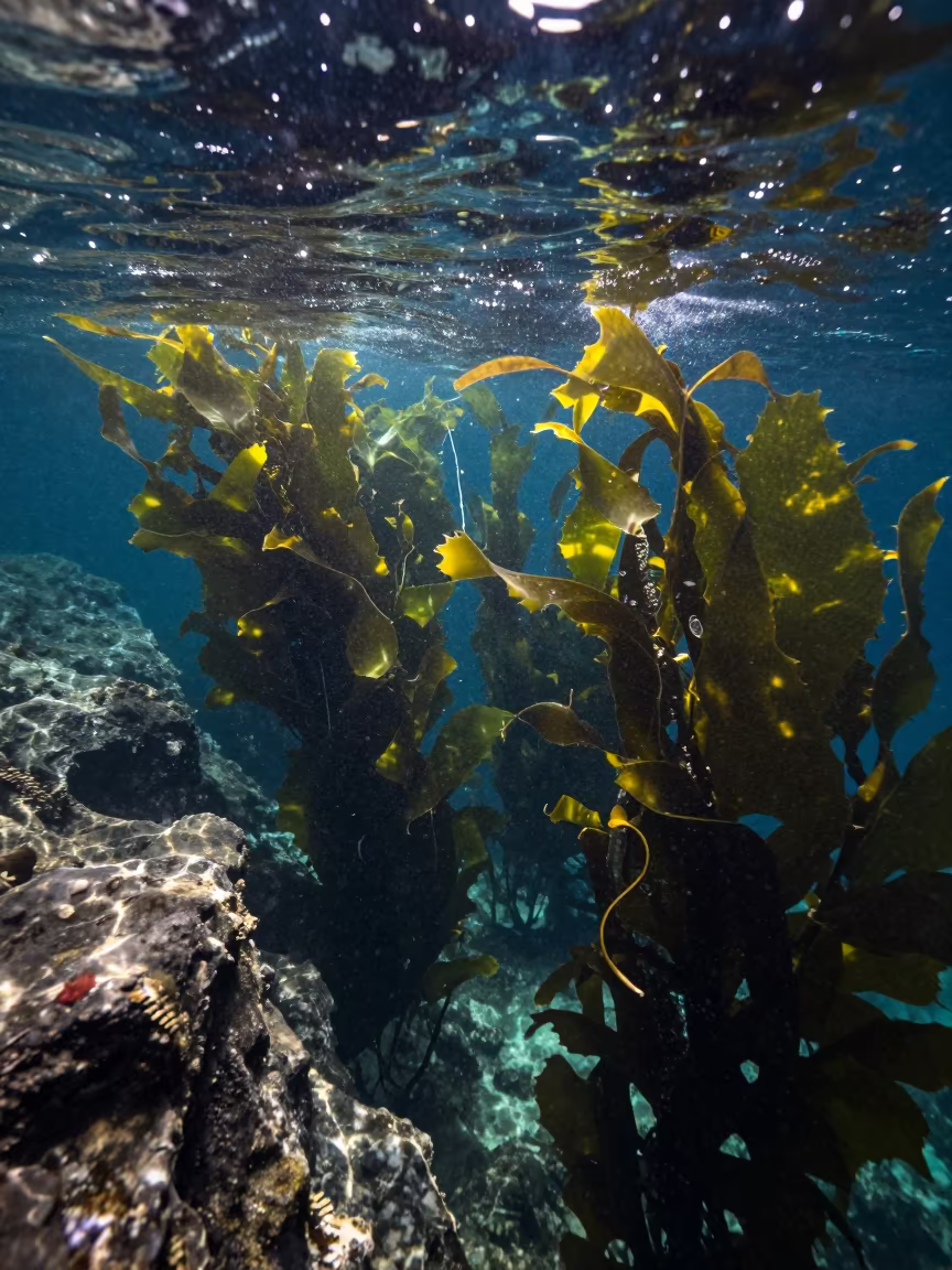 Silvery Kelp Forest Canopy Night Light in beside a tide-cut rock ledge under clear water in Shinsaibashi, Osaka
