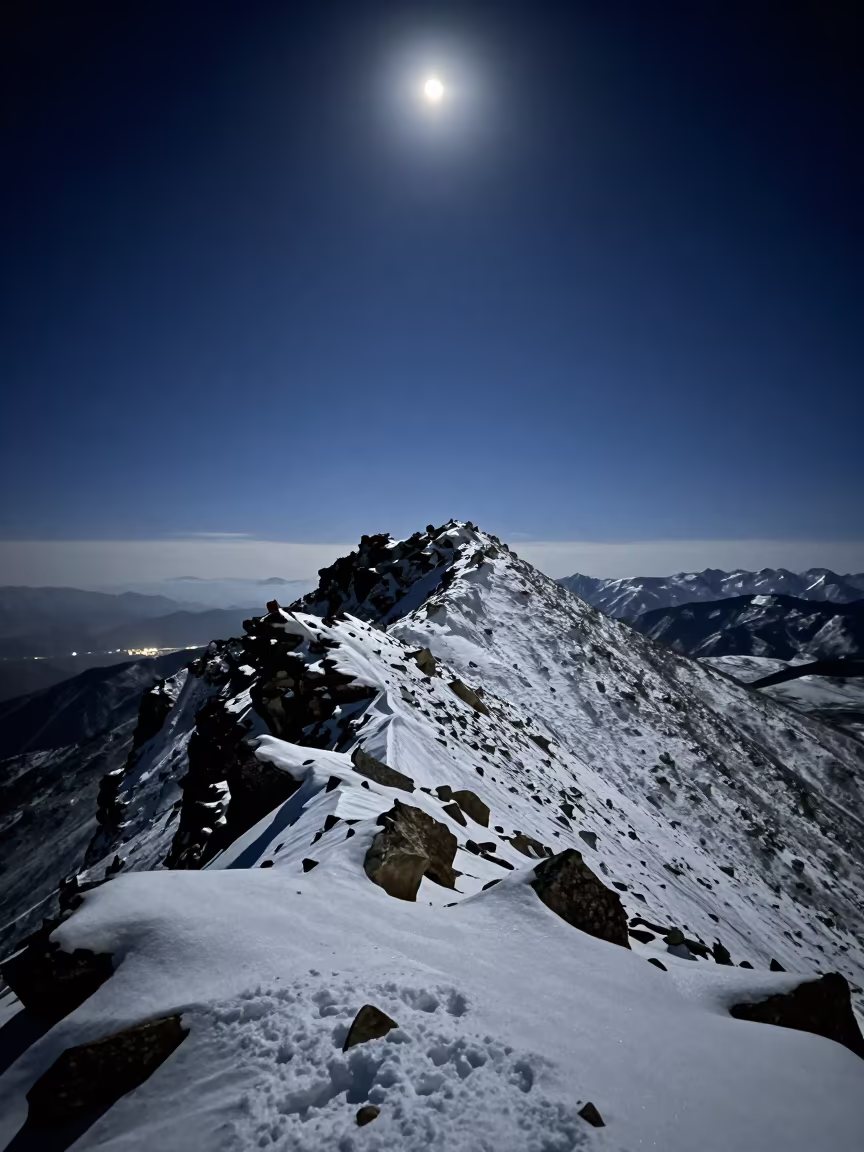 Silvery Moonlight Over Snowy Lhasa Mountain Pass in at a rocky saddle overlooking a mountain valley near Lhasa
