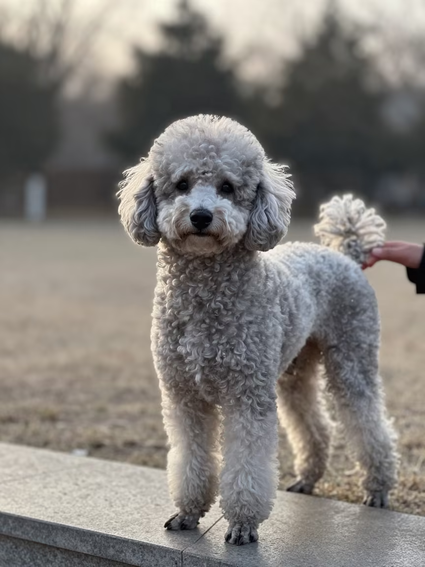 Silvery Morning Portrait of Poodle Near Douma Garden in near a garden edge with soft morning light and an uncluttered background near Douma