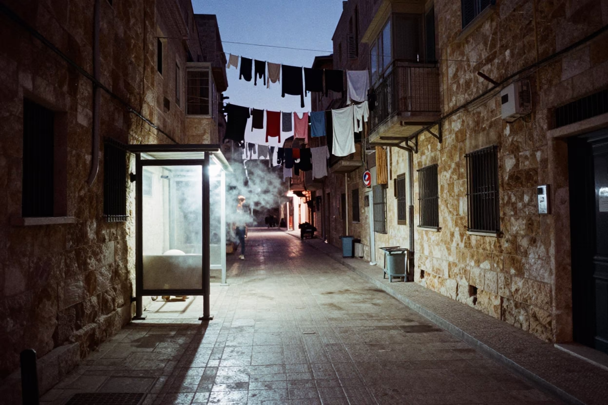 Silvery Night Alley with Laundry and Bus Shelter in beside a steamed-up bus shelter in Beit Shemesh