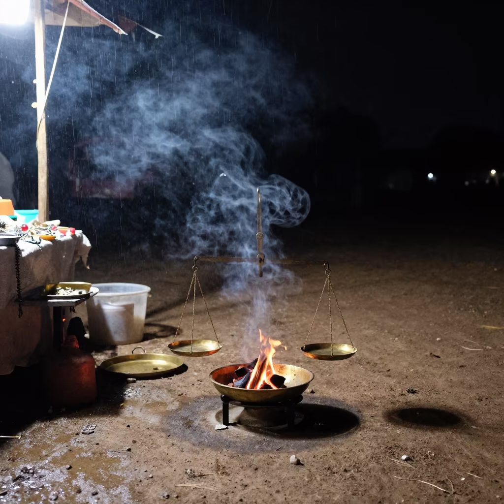 Silvery Night Campfire in Sangli Jewelry Stall in inside a jeweler's stall with brass scales and trays in Sangli