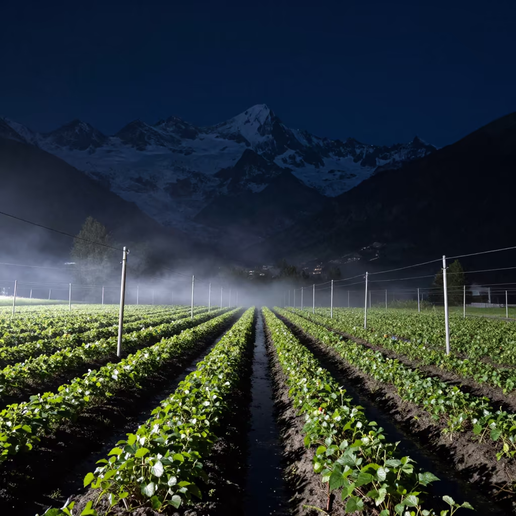 Silvery Night Haze Over Hop Yard in Chamonix Valley in between vineyard trellises in Chamonix