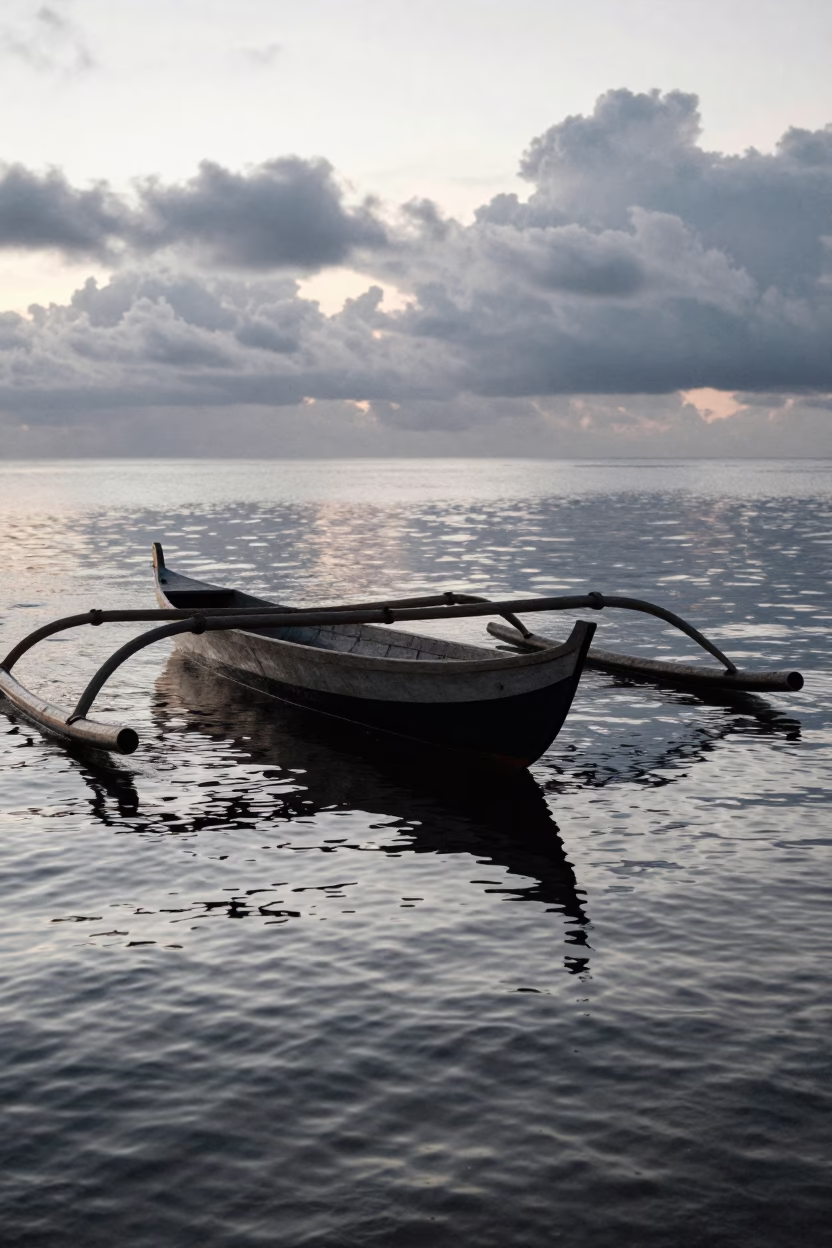 Silvery Night Reflections Wooden Prau Waves in in Indonesia