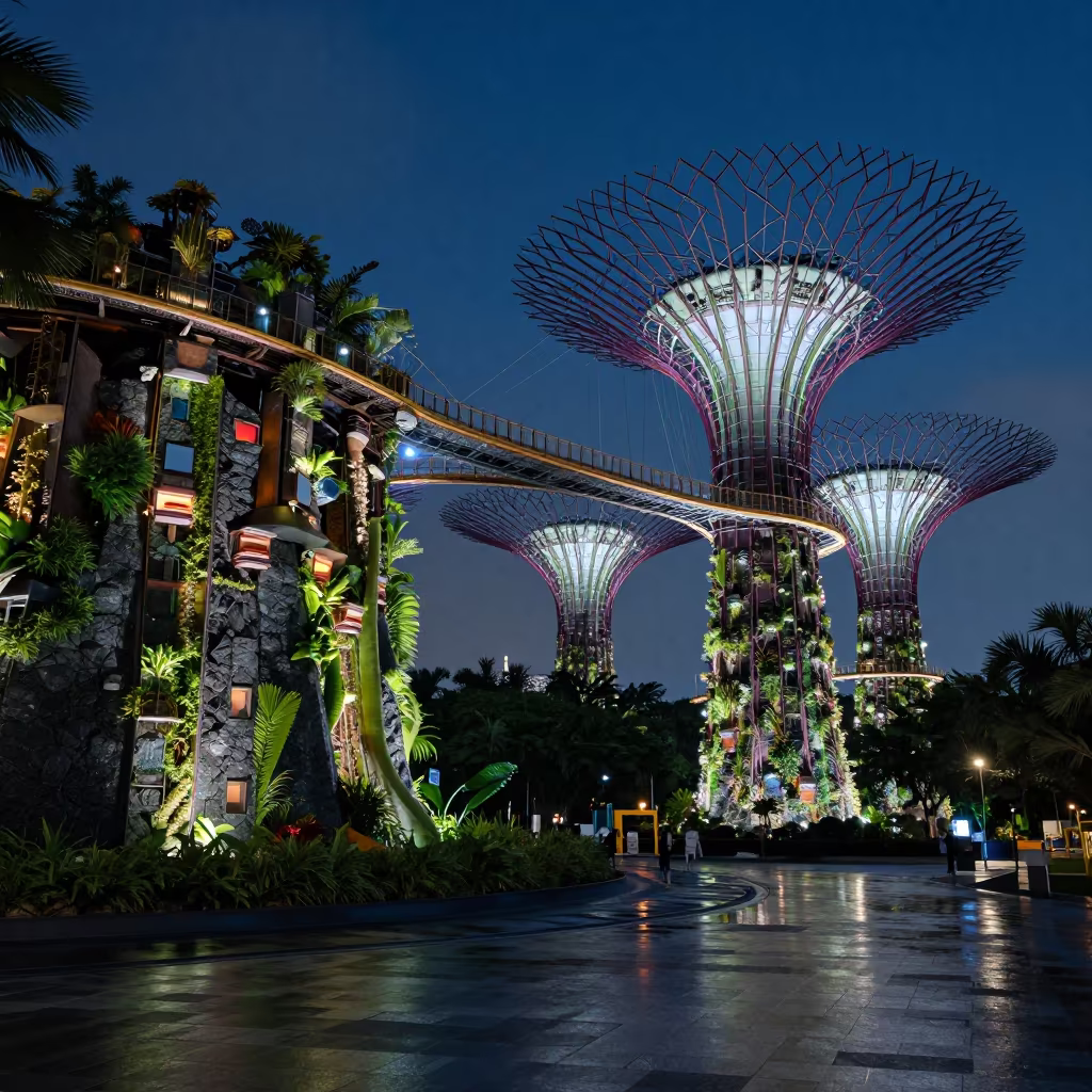 Silvery Night Supertree Grove Joo Chiat in along a salt-sprayed cliff edge near Joo Chiat, Singapore