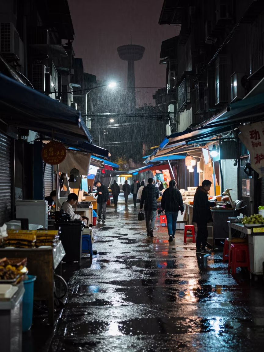Silvery Reflection of Water Tower in Chongqing Alley in along a market-lined side street in Chongqing