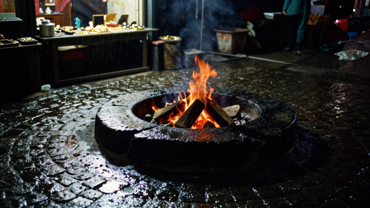Silvery Winter Campfire Ring Beside Wet Stone in Galle Bazaar in at a goldsmith bench in a bazaar jewelry lane in Galle