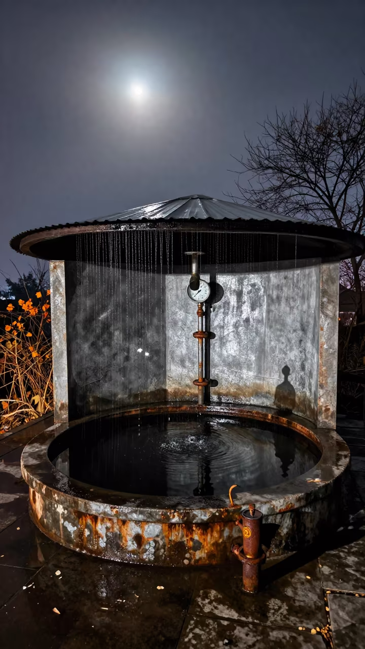 Silvery Winter Light on Dripping Pipes in Abandoned Hammam in inside a roofless hammam in Jharkhand