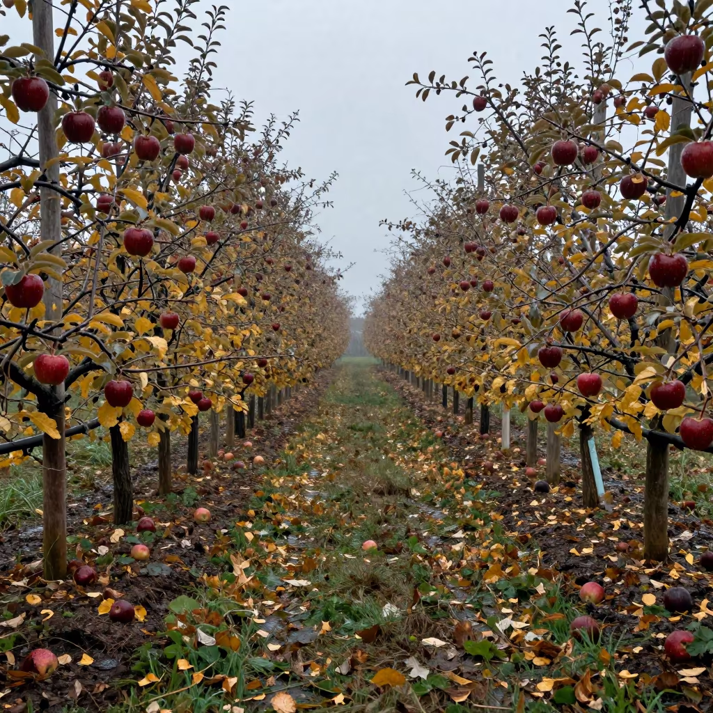 Silvery Winter Light Over Harvest Apple Orchard in along freshly irrigated rows in San Luis