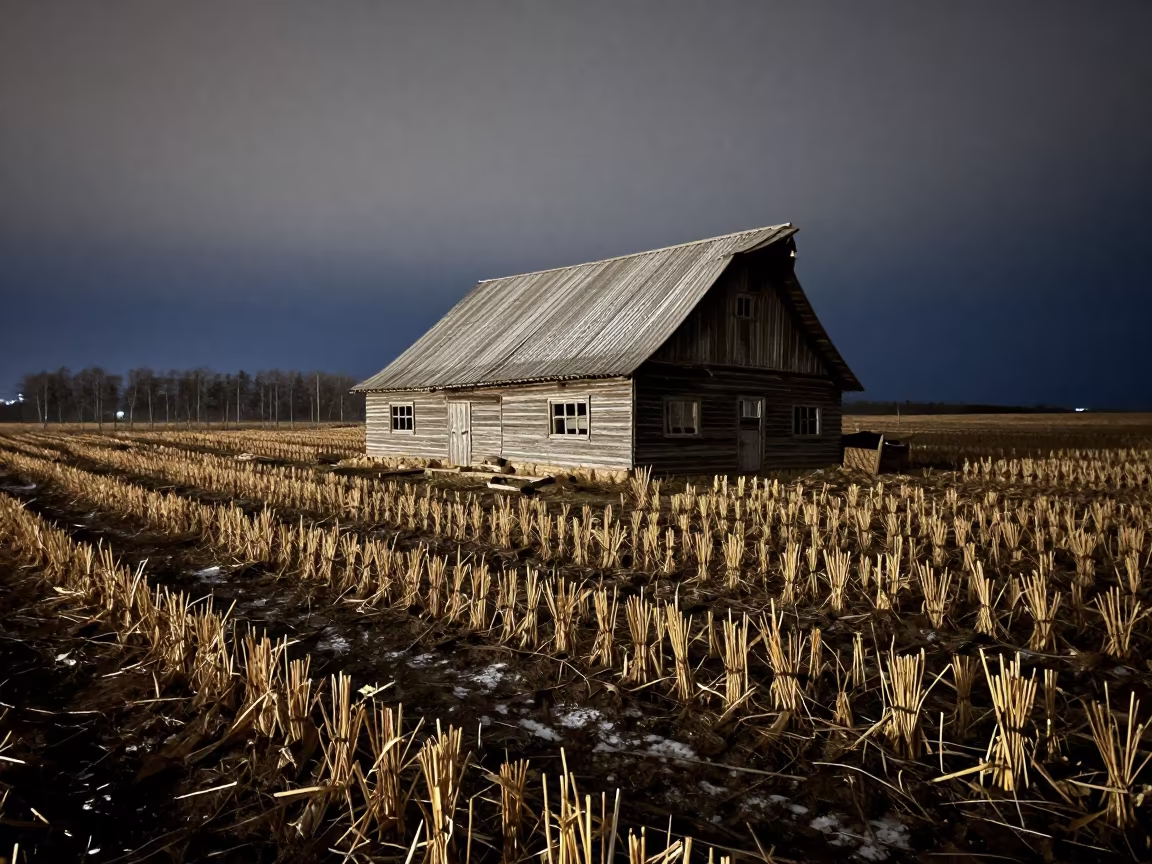 Silvery Winter Light in Russian Far East Barn in across a harvested grain field in the Russian Far East
