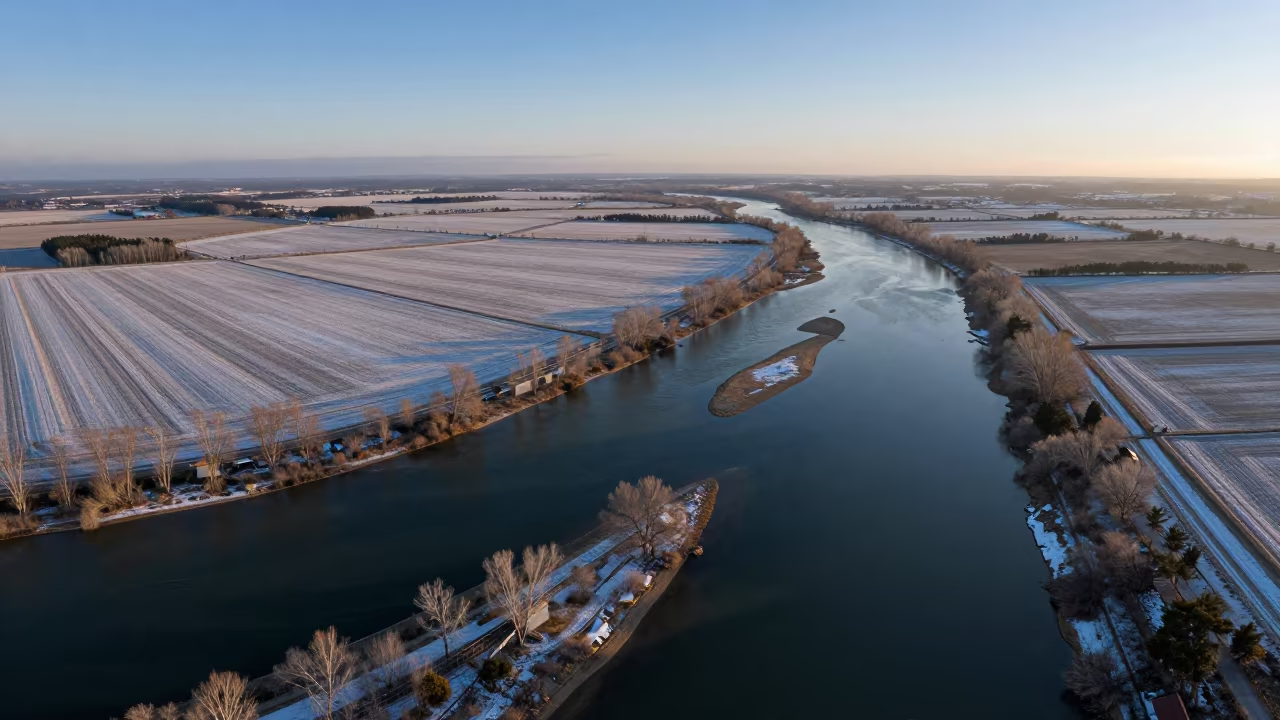 Silvery Winter River Delta Aerial View in high above braided river channels near Alcobendas