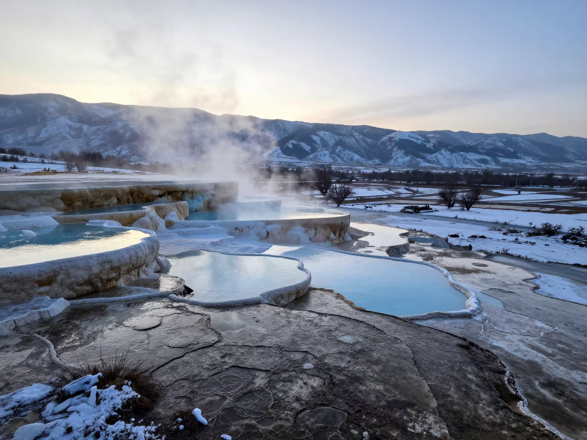 Silvery Winter Terraces Tajikistan Before Dawn in across a floodplain after rain in Tajikistan