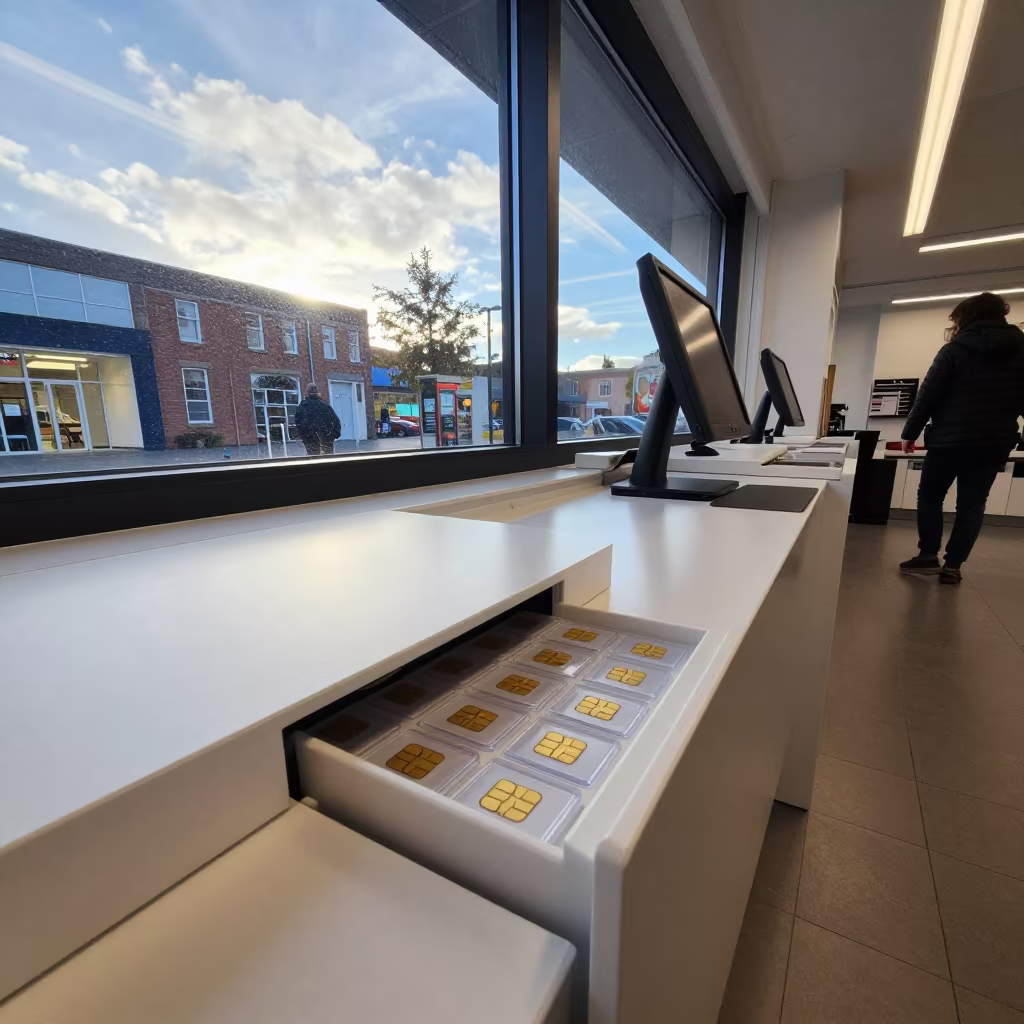 SIM Card Drawer Open at Retail Checkout in at a checkout lane under flat store light in Swansea