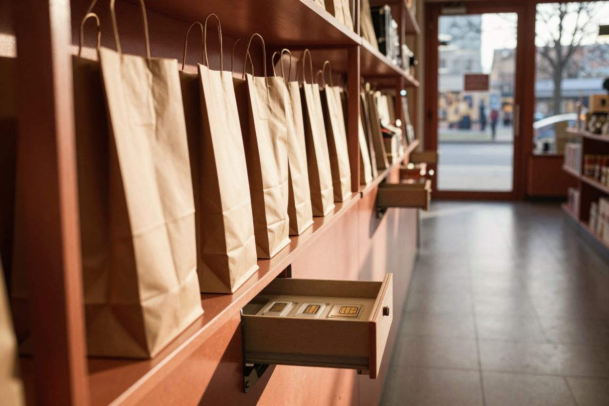 SIM Drawer on Cologne Counter in Copper Light in at a cash wrap counter with bags stacked nearby near Cologne