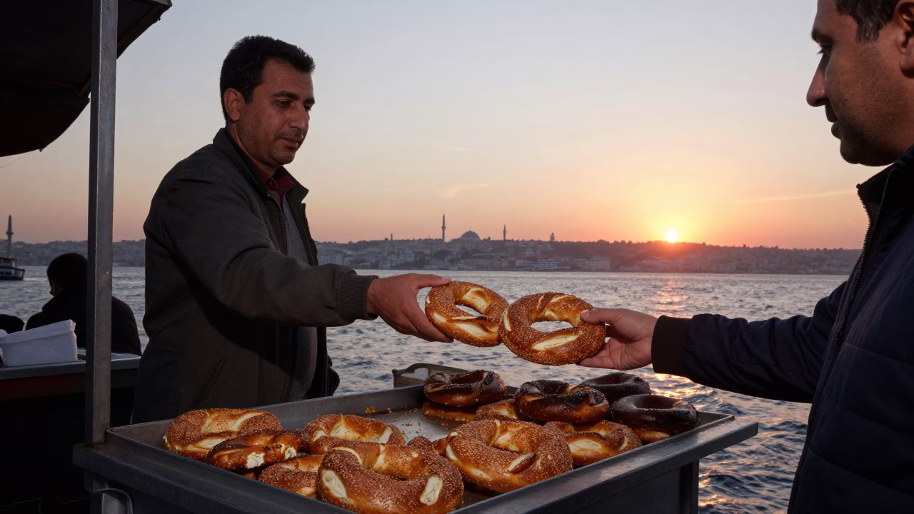 Simit Pastries in Istanbul at As The Sun Drops Toward The Horizon in in Istanbul, Turkey