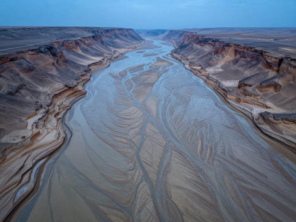 Sinai Alluvial Fan Under Blue Evening Light in across a floodplain after rain in Sinai