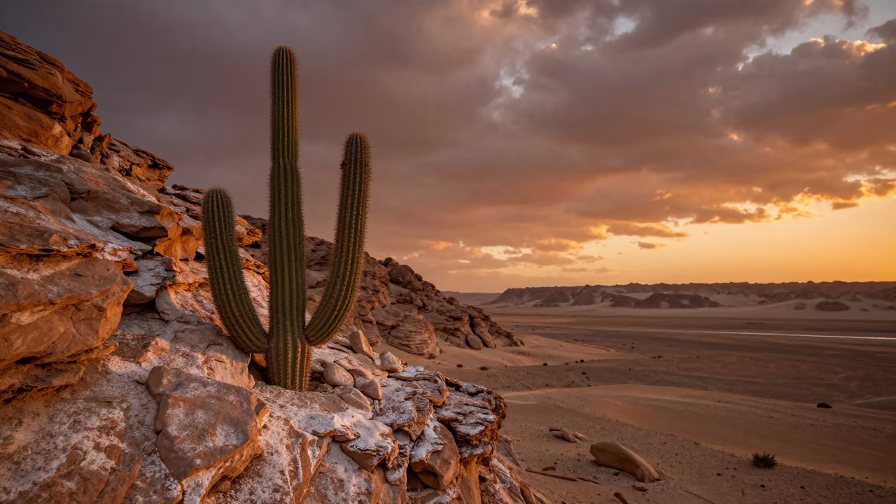 Sinai Cactus Cliff Amber Sunset Close-Up in along a salt-sprayed cliff edge in Sinai