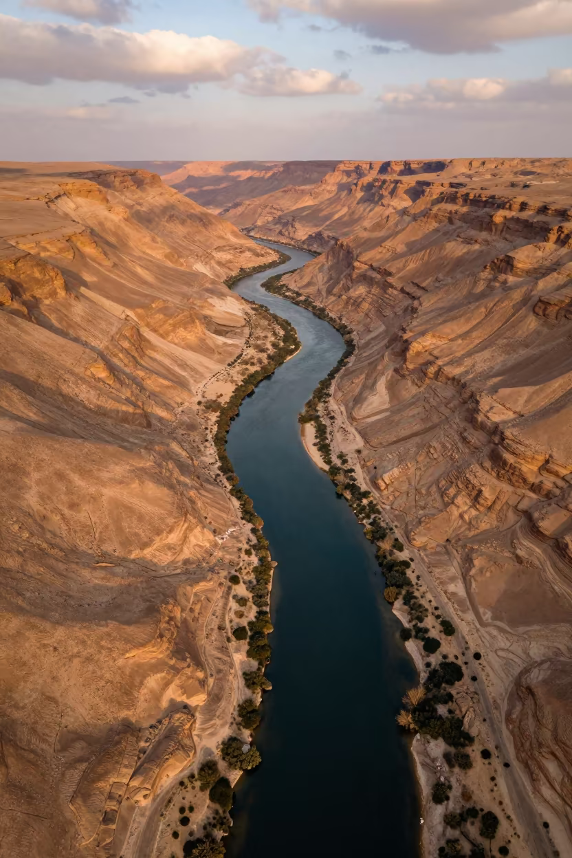 Sinai Canyon River Meanders Evening Light in far above river meanders in Sinai
