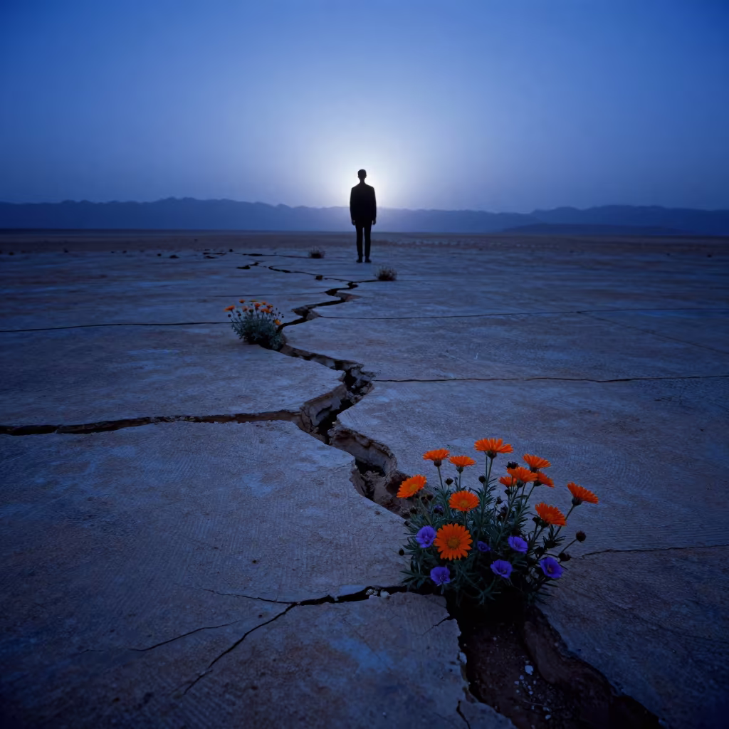 Sinai Desert Bloom After Rain in Blue Light in in Sinai