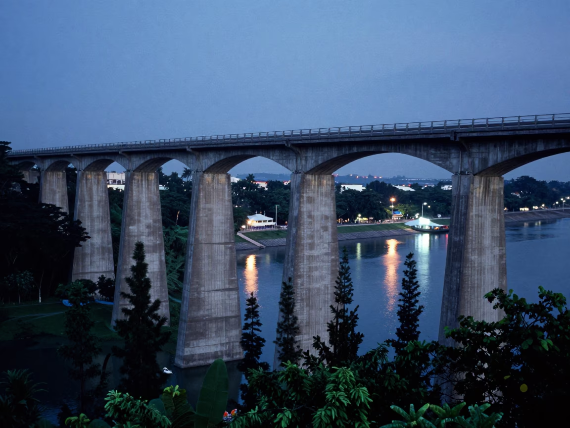Singapore Aqueduct Tower Reflecting Blue Hour Sky in beside a storm surge barrier in Singapore