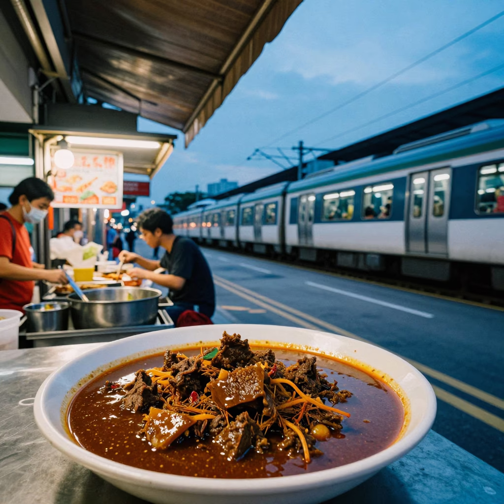 Singapore Blue Hour Street Scene with Beef Rendang and Metro Train Arrival in in Singapore, Singapore